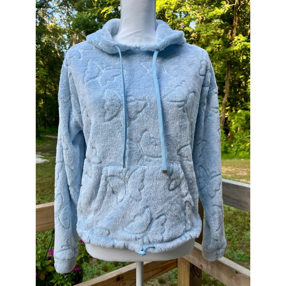 Blue Butterfly Plush Hoodie Size Small Pullover Soft Cozy Fleece
